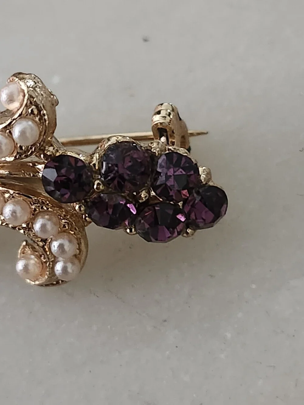 Gold-Tone Faux Seed Pearl & Amethyst Floral Brooch - Vintage